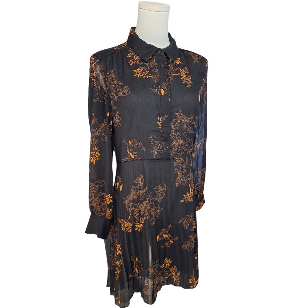 ZARA Black-Rust Floral Pleated Long Sleeve Colar Button-up Dress